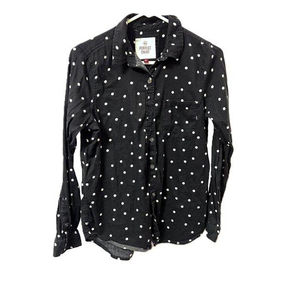 SO Tops - Women's SO Perfect Shirt - Black w/ White Polka Dot Button Up - Size Medium